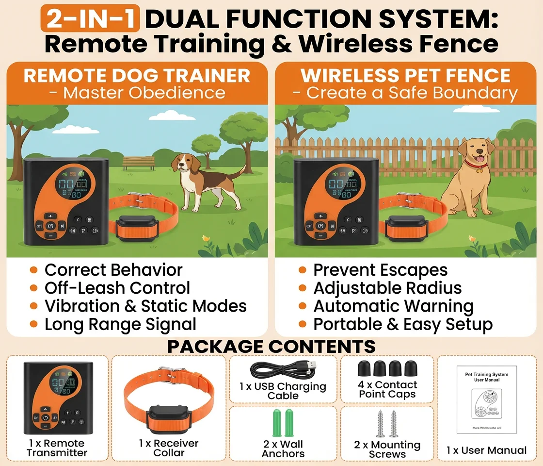 Valla eléctrica para perros inalámbrica con entrenador remoto, sistema de entrenamiento para mascotas 2 en 1, Collar de choque impermeable para perros, Control antiladridos - imagen 4