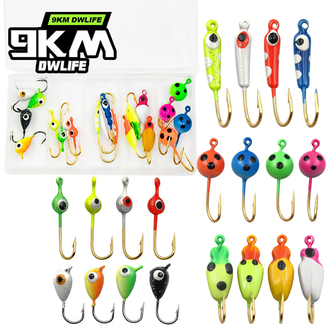 Juego de anzuelos para pesca en hielo, 9KM, 20-28 Uds., Señuelos para pesca en hielo, Micro anzuelo con cabeza para Panfish, tipo de pez, Walleye, perca, trucha, Bluegill