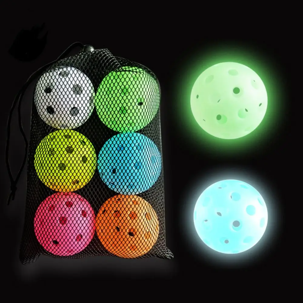 6 unids/set pelota de Pickleball luminosa de alta visibilidad colorida duradera que brilla en la oscuridad Pickleball 40 agujeros con bolsa de malla - imagen 3