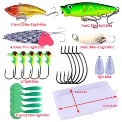 21 Uds. Conjunto combinado de Señuelos de Pesca cebo duro mixto Popper VIB Soft Grub Jig Head anzuelo de manivela Texas Rig Bass kit de caja de aparejos de bagre