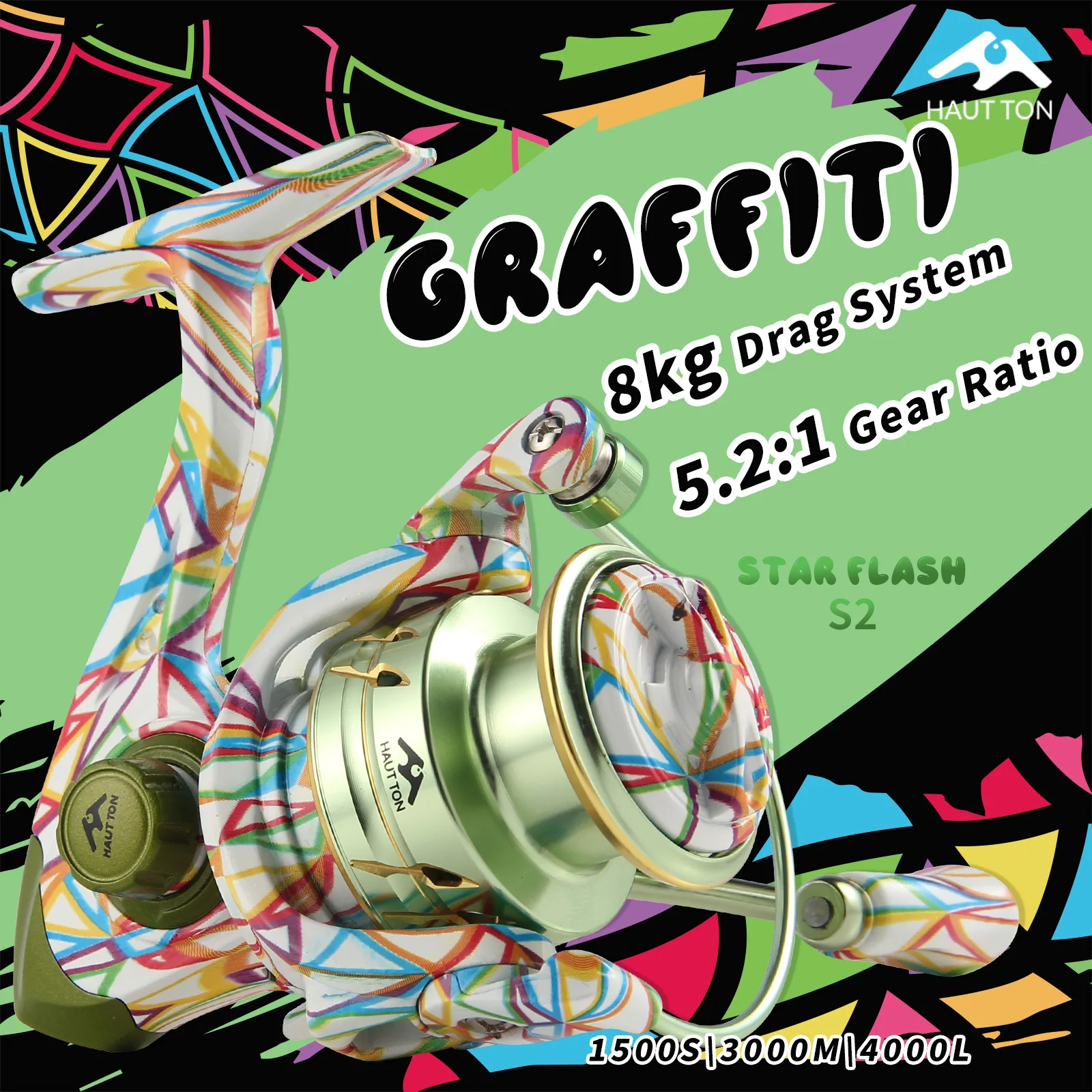 Carrete de pesca giratorio HAUT TON GRAFFITI 1500S/3000M/4000L 5,2: 1 relación de engranaje 3 + 1BB 27,8-31,8 libras arrastre máximo para agua salada de agua dulce