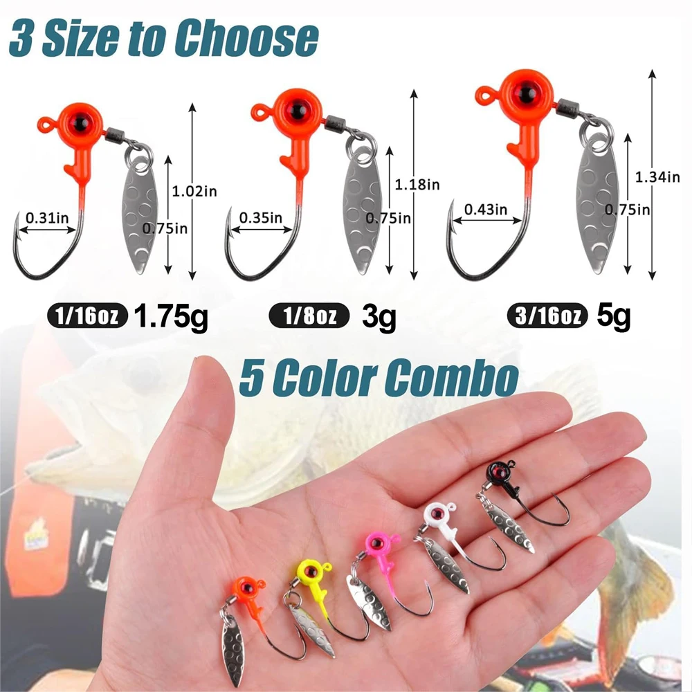 10 Uds. Cabezales de plantilla de pesca Underspin Spinner Blade ojos 3D pintados señuelo de pesca tipo pan anzuelos para pesca de trucha Walleye lubina - imagen 3