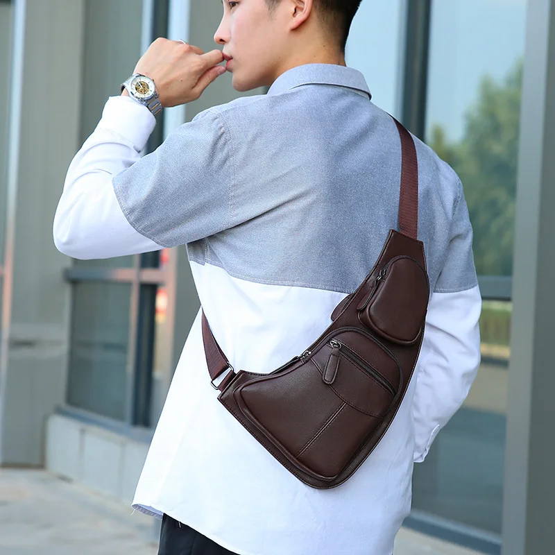 Bandolera Vintage de PU para hombre, mochila de un solo hombro para el día, senderismo al aire libre, Camping, escalada, viaje, bandolera mensajero informal - imagen 3