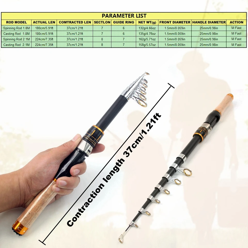 Caña de pescar telescópica de 1,8 M y 2,1 M, caña de lanzamiento giratoria, peso del señuelo 7-28g, poste ultracorto y ligero para niños principiantes - imagen 5