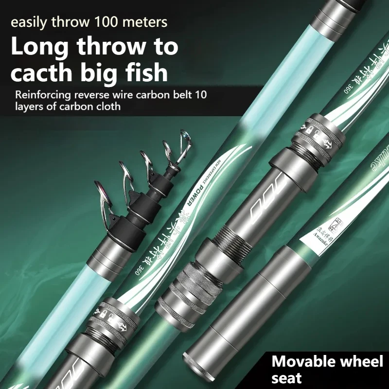 Caña de pescar giratoria telescópica de carbono ultrardura, caña de pescar giratoria de largo alcance, 2,1-4,5