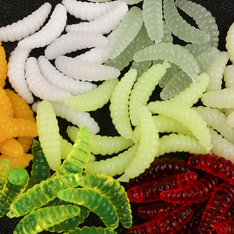 50 Uds./lote de cebos artificiales de silicona de gusano de pan suave de 2cm, señuelo de pesca suave, señuelos de pescado, gusanos de tierra, hundimiento