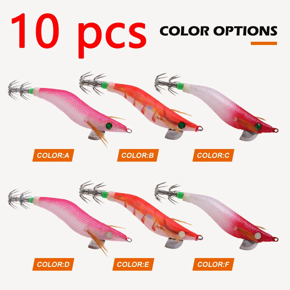 10 Uds. De cebo falso de pesca en mar de camarones de madera de 5cm-13cm, cebo de pesca, cebo de calamar, anzuelo de simulación de pesca en el mar con luz nocturna - imagen 5