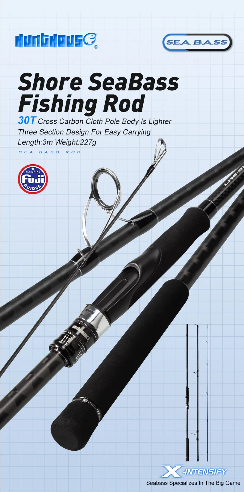 Experimente lo último en el diseño de cañas de pesca con la barra de pesca de lubina en la costa con un diseño de tres secciones ligero y liviano para un fácil transporte