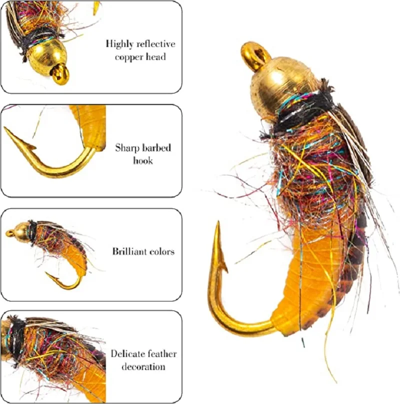 Señuelo de pesca con mosca, cebo de 5 piezas, cabeza de cuentas, plantilla de Ninfa, insectos, Mosca, hundimiento rápido, pez gato, trucha, bajo seco, agua salada - imagen 3
