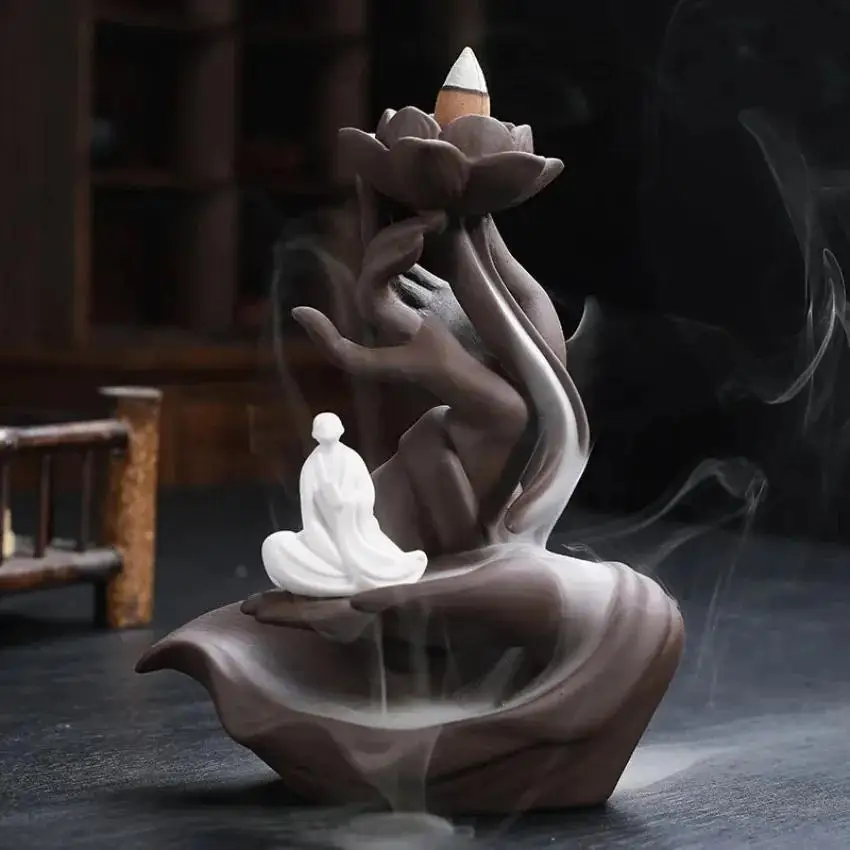 Quemador de incienso Mano de Buda con Guanyin y loto, arena púrpura - imagen 5