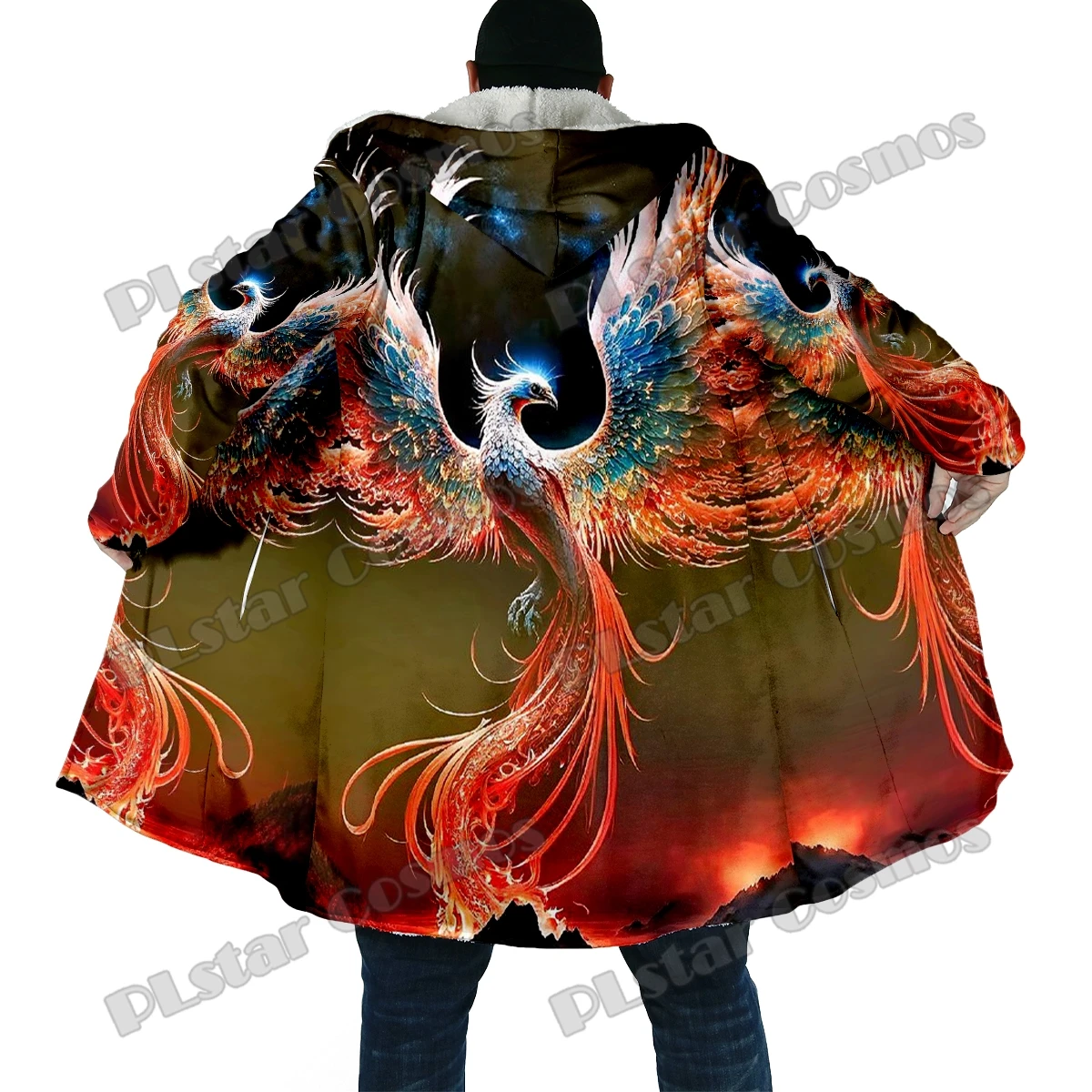 2025 capa de moda de invierno para hombre, patrón Retro de Fénix, capa con capucha de lana gruesa con estampado 3D, capa cálida informal Unisex DP40 - imagen 5