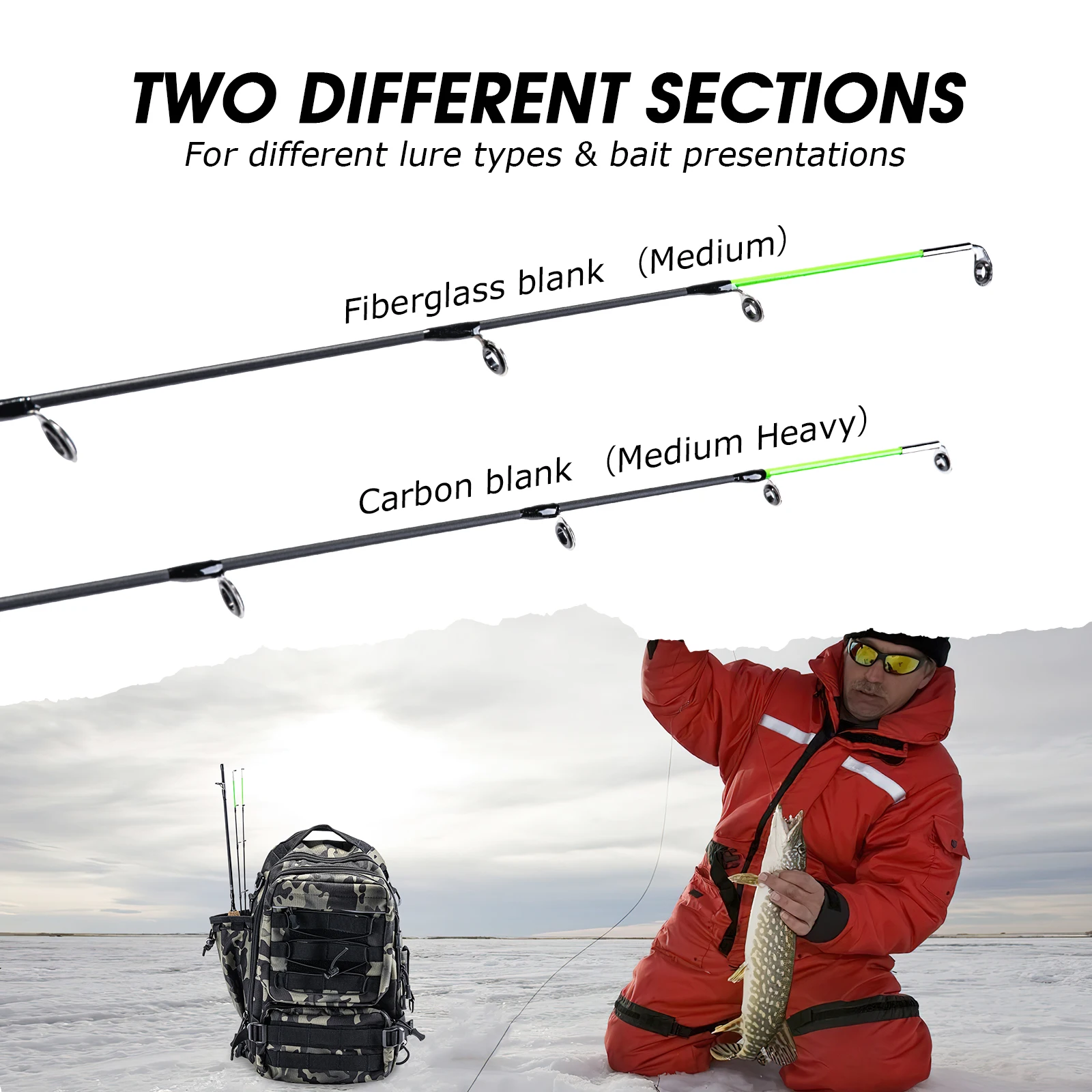 Cañas de pescar en hielo de invierno Goture, 32 pulgadas, 2 puntas, caña giratoria M/MH Power, mango de corcho, caña de hielo, pesca de carpa ultraligera - imagen 4