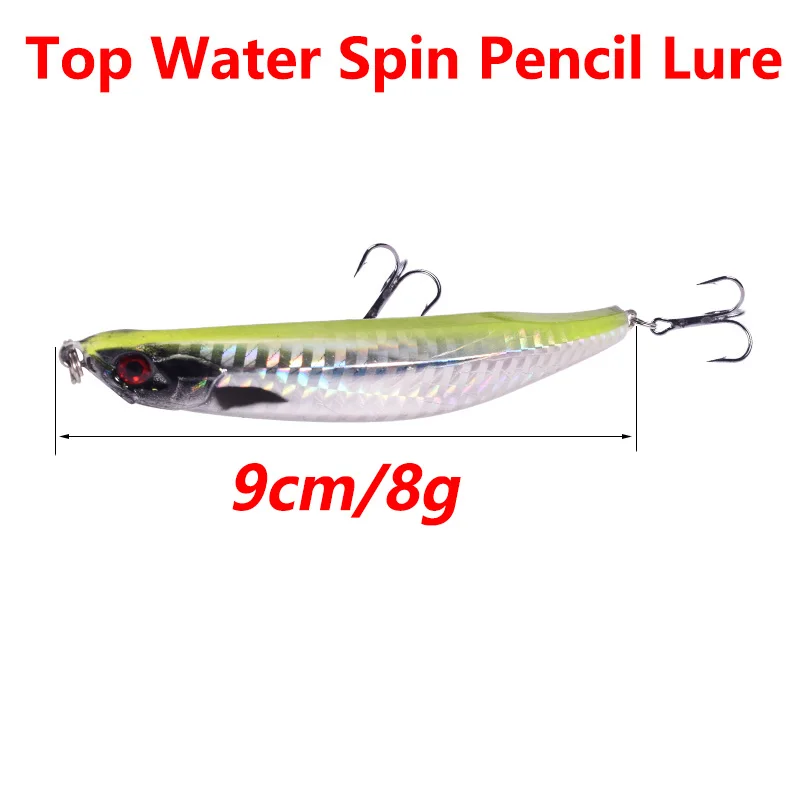 Señuelo de pesca de lápiz de agua superior, 5 piezas, colores mezclados, 9cm, 8g, giratorio, Wobblers, aparejos, cebo Artificial de plástico láser con ganchos 6 #