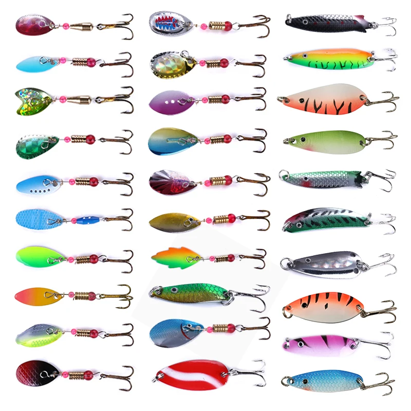Tipos de señuelo de cuchara, 30 Uds., cuchara de Metal, Spinner, señuelo, Spoonbait, Crankbaits, Wobblers de pesca para Lucio, conjunto de ganchillo, aparejos de cebo - imagen 2