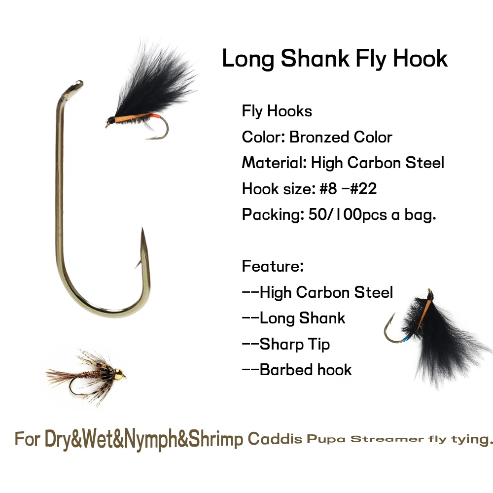 WIFREO 50/100 Uds anzuelos de pesca con mosca de vástago largo seco, húmedo, ninfa y camarones Caddis Pupa Streamer anzuelo para moscas atado de moscas anzuelo - imagen 3