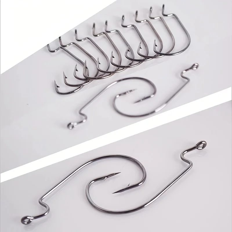 50 unids/lote manivela de acero alto en carbono Offset anzuelos de pesca de gusano anzuelo de púas súper grande negro anzuelo de manivela de espacio ancho 7 tamaños anzuelos - imagen 2