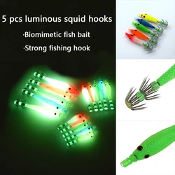 5 unids/pack anzuelos luminosos de calamar, anzuelos de paraguas simulados de doble capa, hechos de materiales de goma suave, equipo de pesca de agua salada
