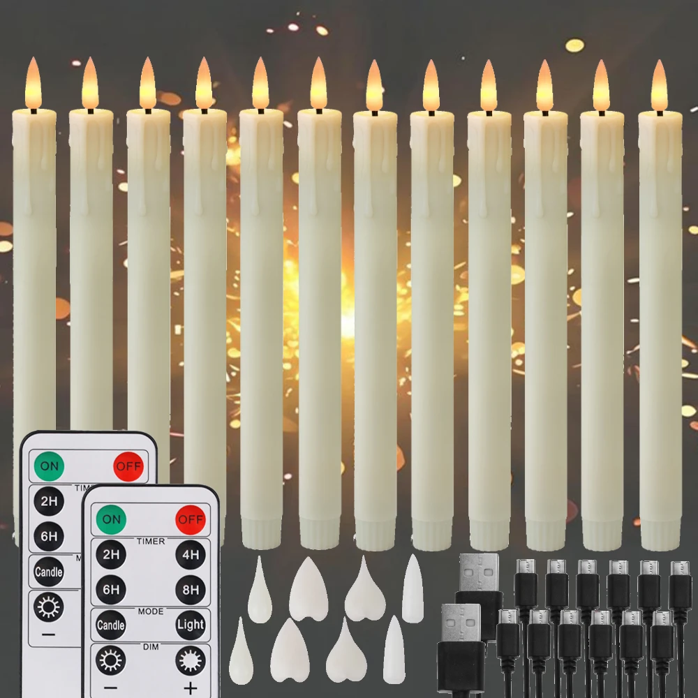 Velas cónicas recargables con control remoto y 24 Uds., cabezal de lámpara de plástico parpadeante, sin llama, cera de goteo, candelabros para ventana, decoración del hogar
