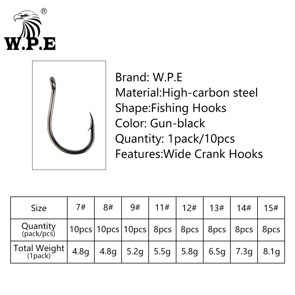 W.P.E Marca 1 paquete de anzuelo de pesca tamaño 7 # -15 # Anzuelo de púas de acero rico en carbono, anzuelo de carpa de un solo círculo, accesorios para aparejos de plantilla - imagen 4