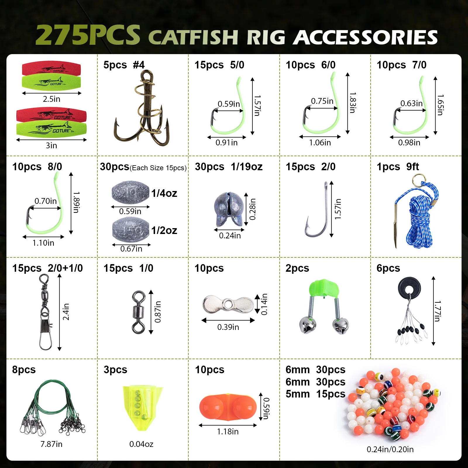 Goture Kit Pesca Bagre – Aparejos con Anzuelos Luminiscentes y Flotadores - imagen 3