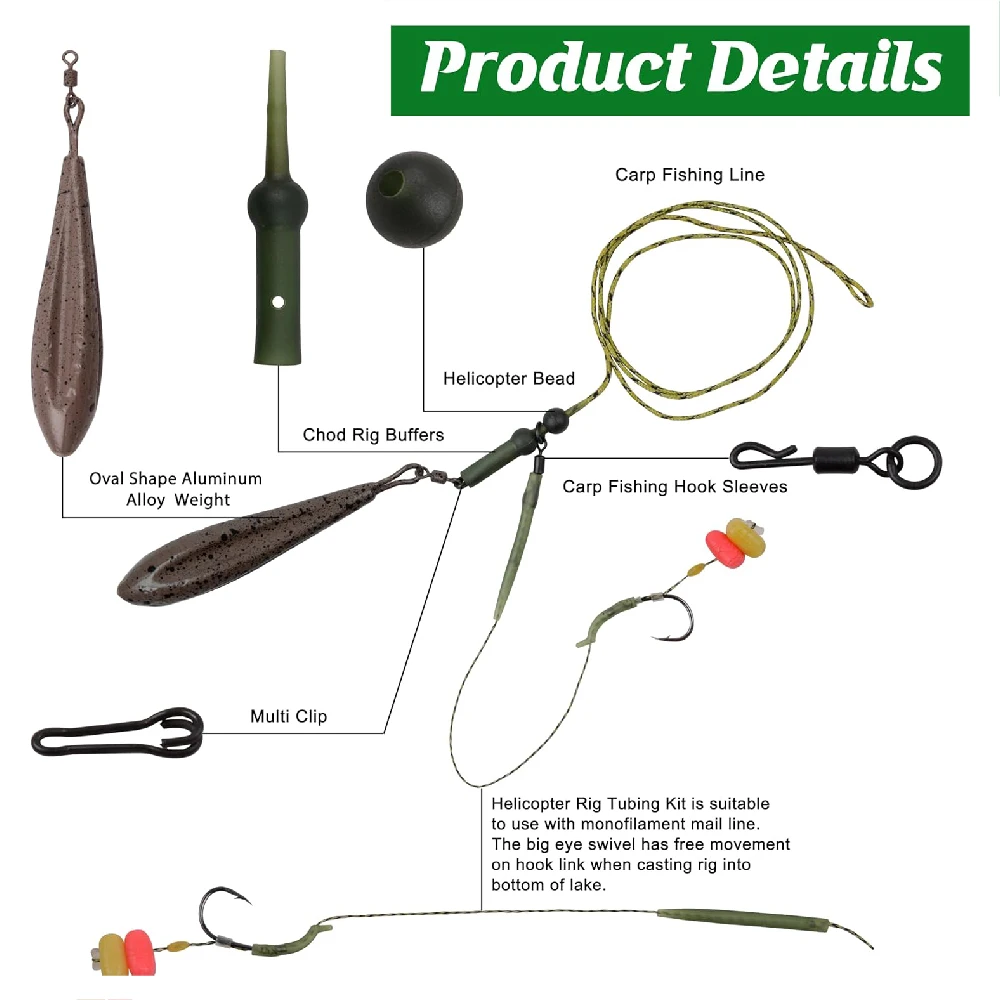 Kit de aparejos de pelo de carpa, anzuelo de pesca de carpa preamarrado, línea Leadcore con peso de carpa de 80g para aparejos de carpa de helicóptero Chod, 6 uds./12 Uds. - imagen 3
