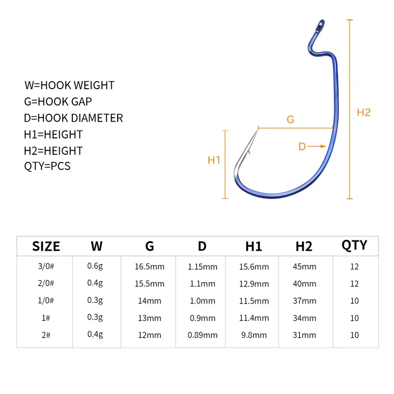 ZYZ-anzuelo de manivela azul de acero rico en carbono, anzuelo de gusano de espacio ancho, manivela compensada, anzuelo de púas para cebo blando, aparejos de anzuelos de pesca - imagen 3