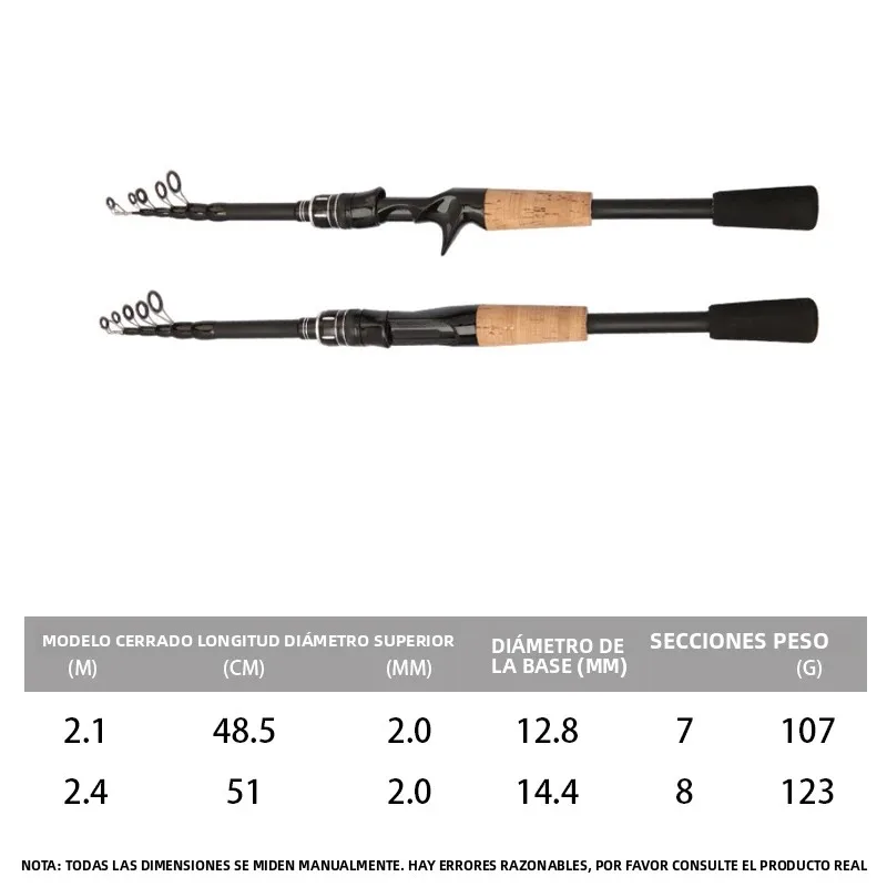 Caña telescópica DEUKIO carbono – Spinning baitcasting 2.4M mango madera - imagen 3