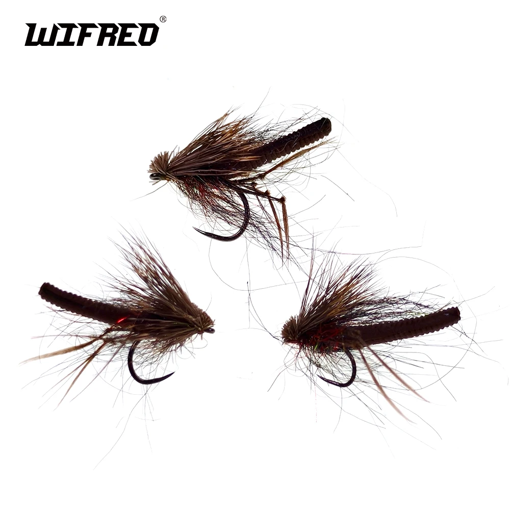 Wifreo 6 piezas # 12 # 14 # 16 espuma trasera marrón pelo de alce Caddis mosca sin púas pesca con mosca flotante moscas secas trucha Grayling señuelo cebo - imagen 2