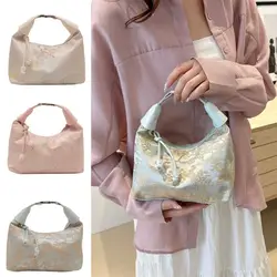 Bolso de hombro bordado de lujo, bandolera pequeña con textura de nailon, colgante de perlas, bolso de cubo para mujer y niña