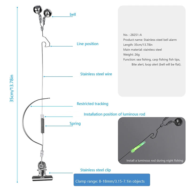 Campanas de alarma de pesca nocturna de acero inoxidable, cebo de mordida de caña de pescar, aparejos de carpa anticorrosión, accesorios de pesca antioxidantes - imagen 2