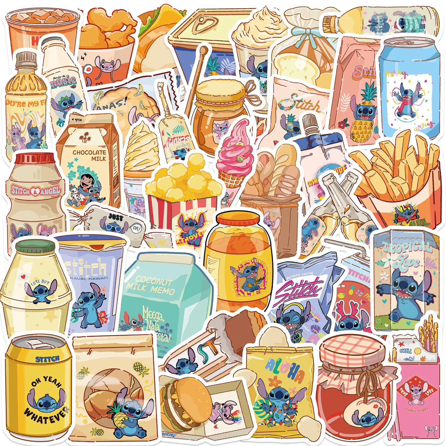 40 Uds Disney Cute Stitch Foods pegatinas de película de dibujos animados álbum de recortes teléfono guitarra maleta para portátil calcomanías impermeables pegatina juguetes para niños - imagen 2