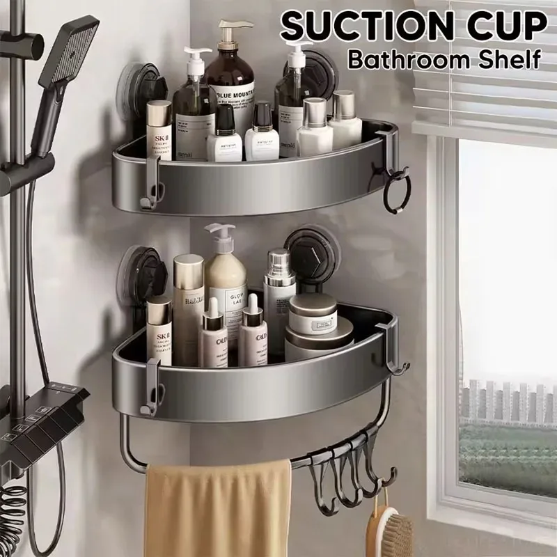 Soporte de pared de aluminio para ducha, estantes de baño con ganchos, soporte de ventosa sin perforación, accesorios de baño