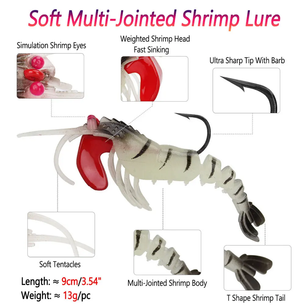 Bimoo-SEÑUELOS luminosos para pesca en el mar, cebos de camarón multiarticulados suaves de 13g, cebos de Río, cebos de pesca de gambas, señuelos de besugo de agua salada - imagen 2