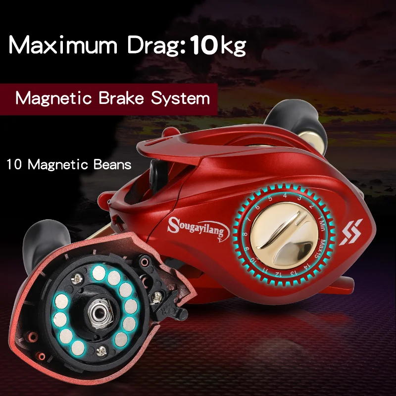 Sougayilang-carrete de Baitcasting, sistema de freno magnético 7,2: 1, alta relación de engranaje, arrastre máximo de 10kg, carrete de carpa, aparejos de Pesca de agua dulce - imagen 5