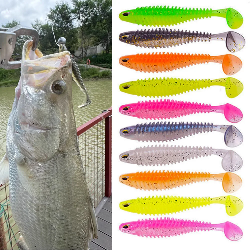 5 unids/lote Shad pesca señuelo suave 8cm 11cm cebo de silicona lubina ojos 3D gusano Jig Head Wobblers aparejos de natación de goma Artificial - imagen 5