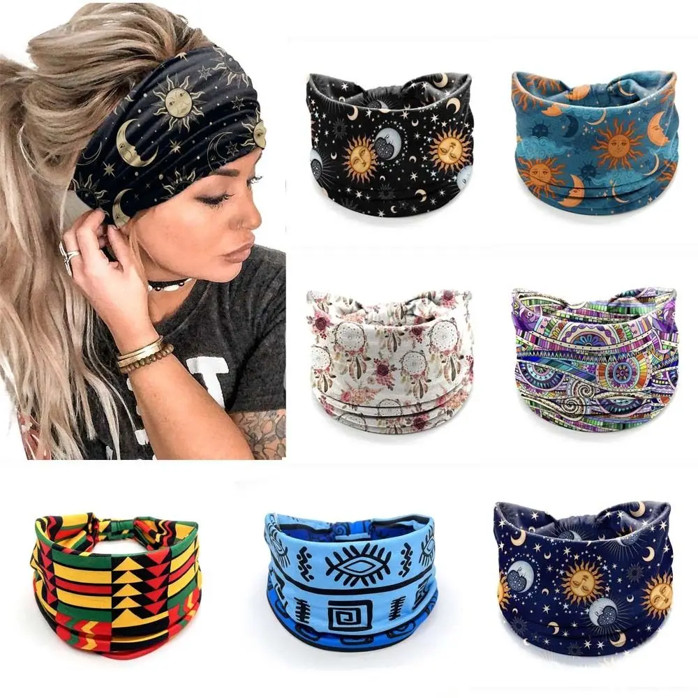 Diademas anchas elásticas para mujer, Bandana suave con nudo bohemio Vintage, estampado de flores y estrellas, pañuelo para la cabeza - imagen 2