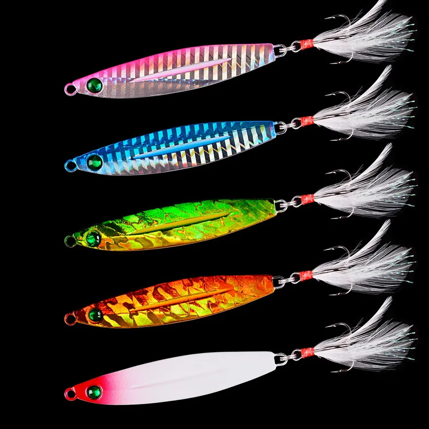 Señuelos de Metal con forma de cuchara, cebo Artificial de 7G, 10G, 14G y 17G, aparejos de pesca de lubina superdura, para Orilla, Jigging lento, 5 unids/lote - imagen 2