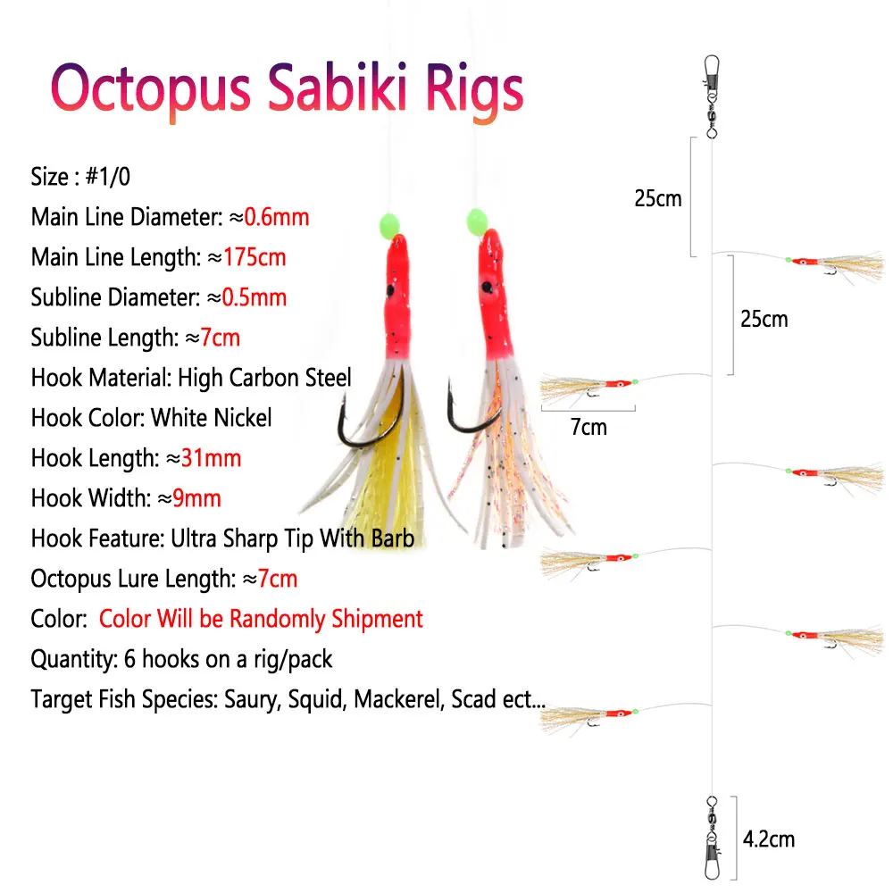 Bimoo-anzuelos de pulpo Sabiki, anzuelos de cuerda de oropel, Flashabou, Saury, calamar, caballa, aparejos de Pesca de agua salada, paquete de 6 unidades - imagen 3