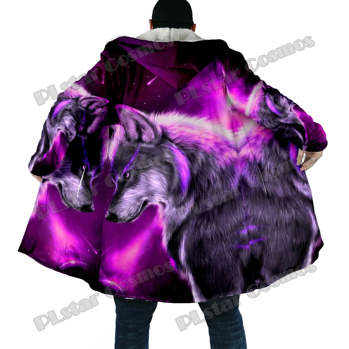 Capa de moda de invierno para hombre, capa con capucha de lana gruesa con estampado 3D de lobo y Luna púrpura, capa cálida informal Unisex BB55 - imagen 2