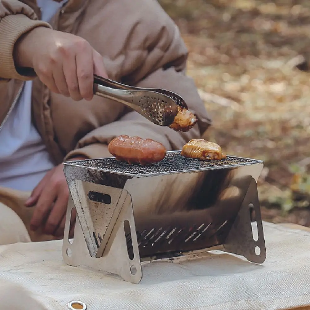 Parrilla de barbacoa plegable desmontable, estufa de barbacoa portátil de acero inoxidable, tipo tarjeta resistente al calor, estante para parrilla de barbacoa, fogata - imagen 3