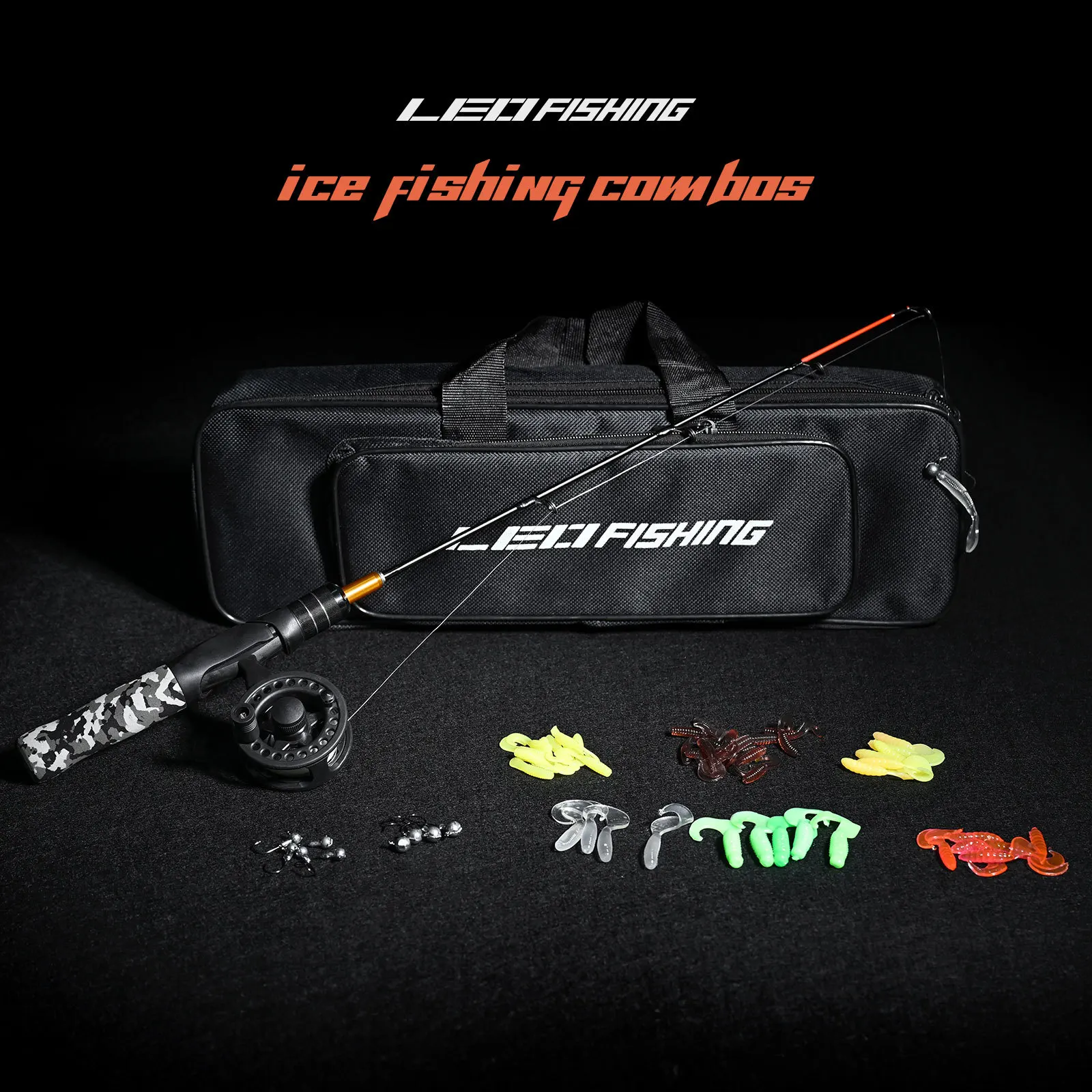 Combos de carrete y caña de pescar en hielo con kits completos, anzuelos JIG, señuelos blandos y bolsa de transporte, juego completo de 50cm/19,7 pulgadas - imagen 3