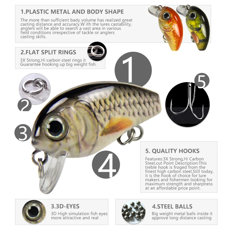 Mini Crankbait de alta calidad, 5 piezas, 2,8 cm, 2g, cebo duro Artificial, lubina, trucha, aparejos de pesca - imagen 5