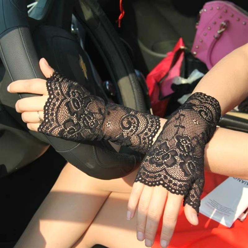 Guantes de encaje de malla de medio dedo para mujer, elegantes guantes de conducción de baile, protección solar a prueba de rayos UV, verano al aire libre - imagen 3