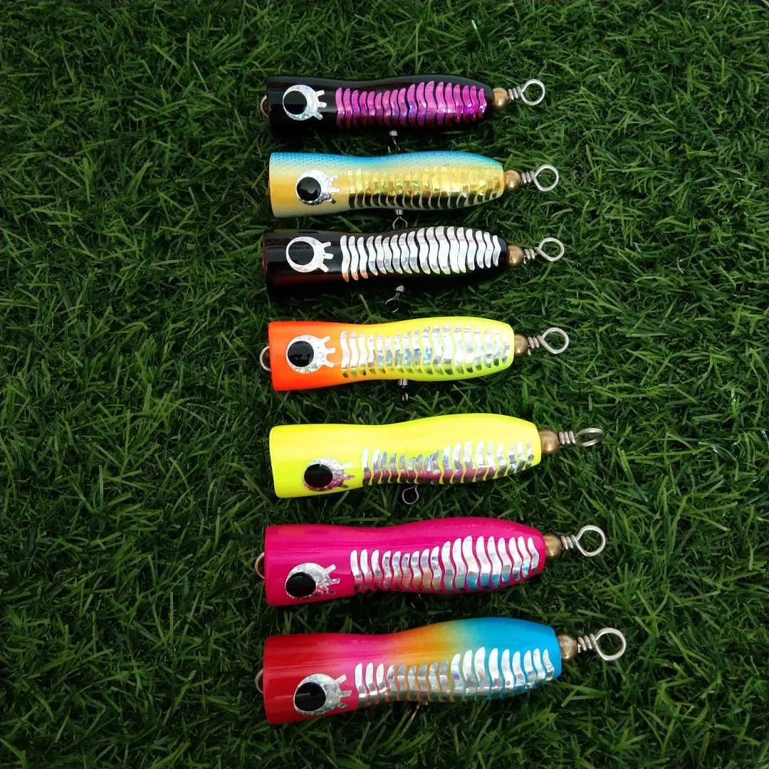 Swolfy 3 uds señuelo Popper 8cm 16g Señuelos de pesca de madera hechos a mano Trolling cebo de pesca Popper de agua salada señuelos duros - imagen 4