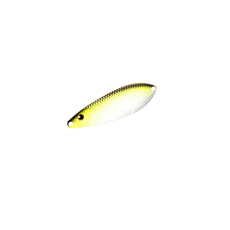 Un señuelo de pesca con un esquema de color amarillo y blanco