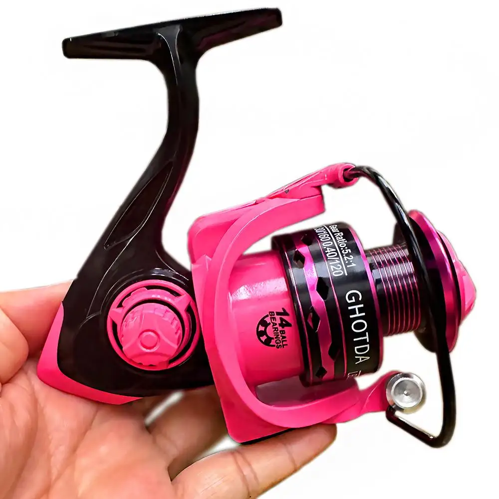Carrete de pesca GHOTDA de metal visto de perfil