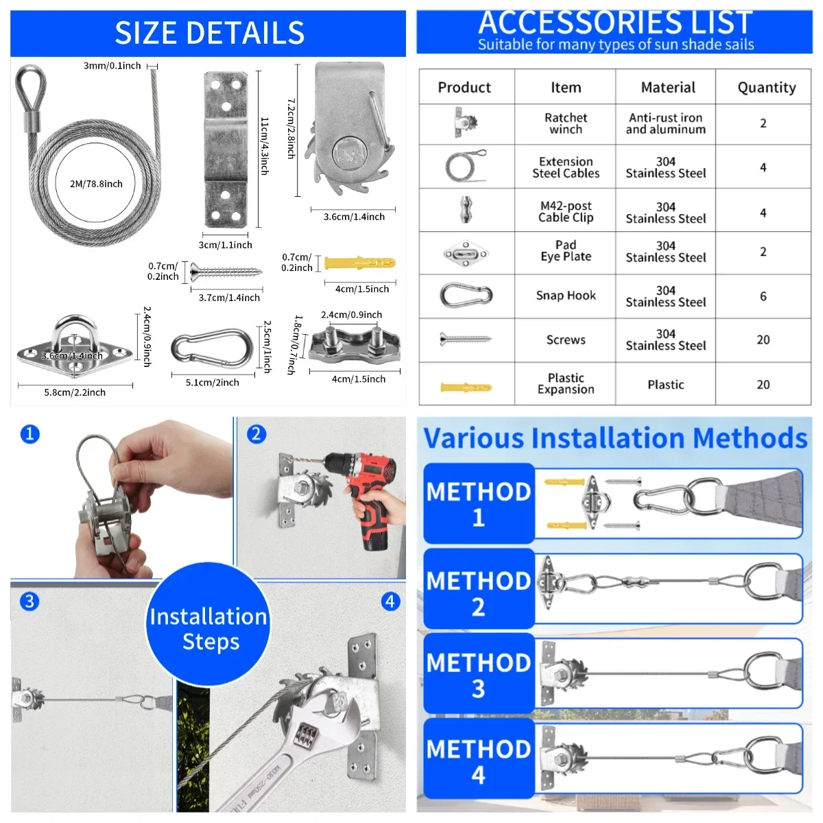 Kit de cuerda de alambre de vela de sombra, 4/47/60/72 Uds., Kit de herrajes de acero inoxidable, Kit de herrajes para refugio antioxidante de alta resistencia, accesorios para tienda - imagen 3