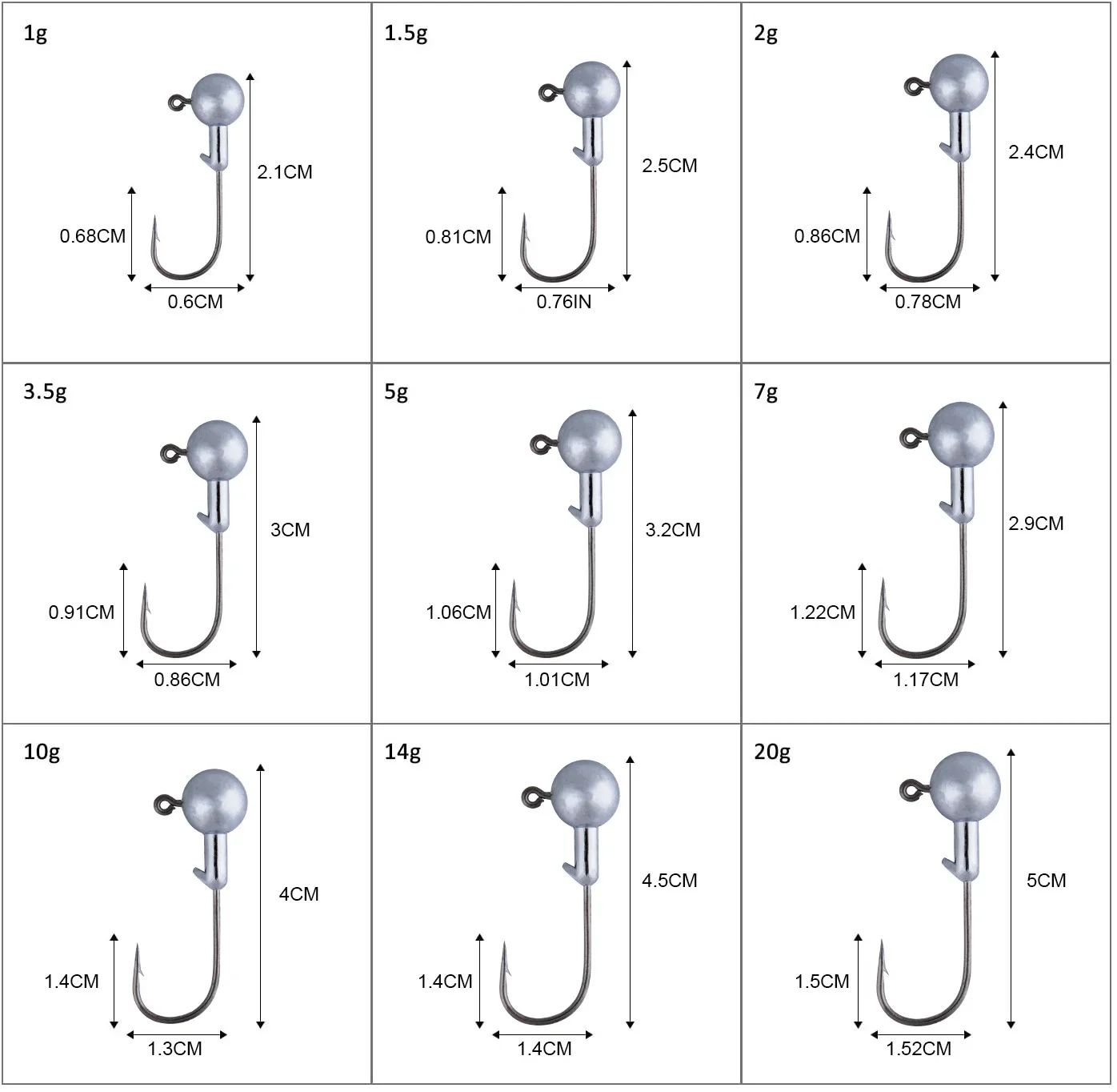 Goture 1/caja 0,6g 0,8g 1g 2g 5g 8g 10g 15g 20g anzuelos con cabeza de anzuelo de manivela señuelo suave cebo duro anzuelo de gusano suave para pesca - imagen 5