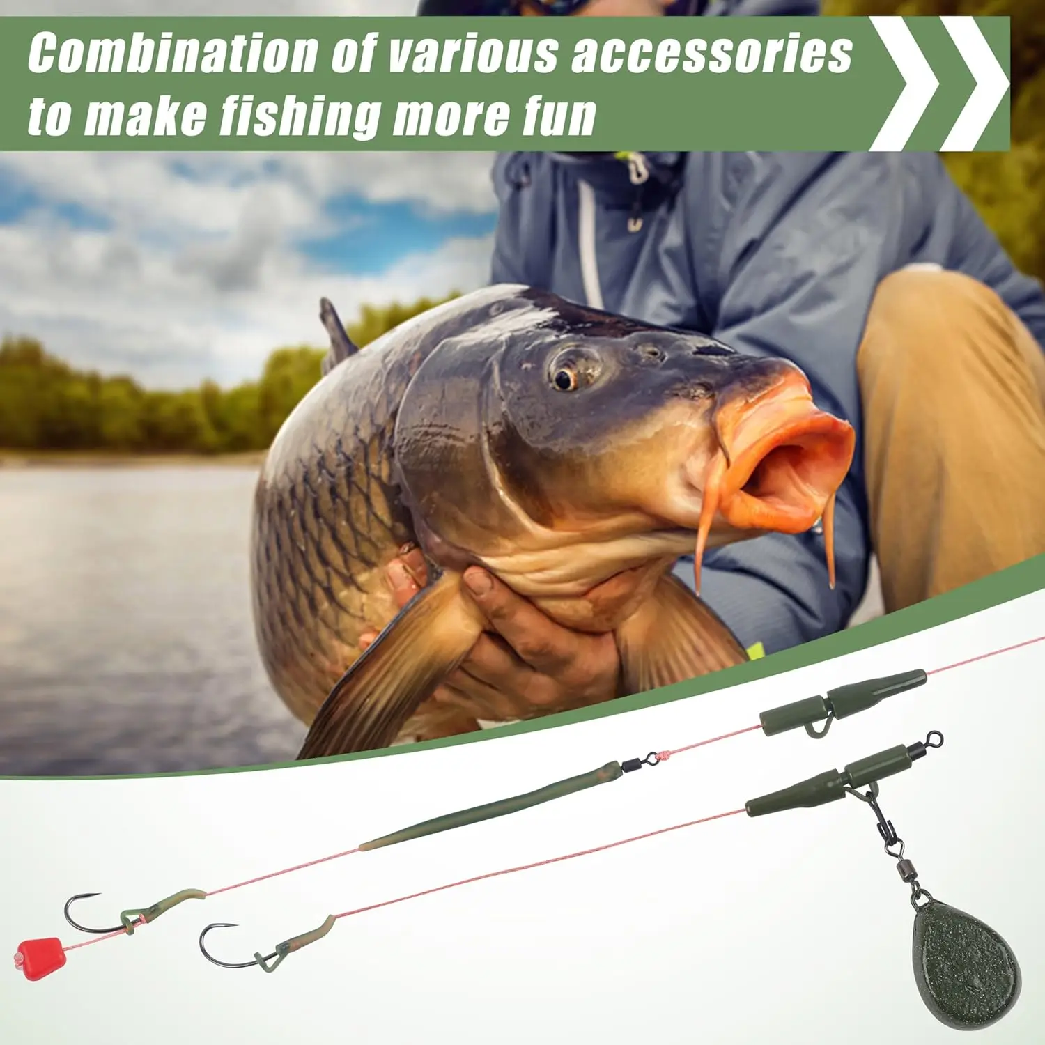 Caja de aparejos de pesca de carpa, 362 Uds., manga antienredos, alineador de línea, tapón de tornillo de cebo, accesorios de pesca de carpa preatados - imagen 5
