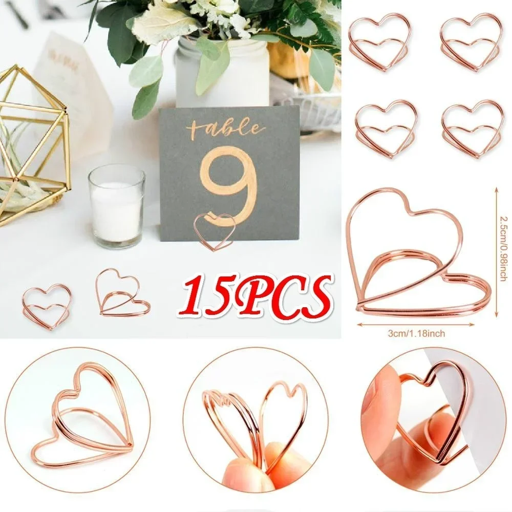 Nuevo 15 unids/set foto en forma de corazón Clip tarjetero decoración de mesa de boda Clips Retro Clips mentales de oro rosa papelería - imagen 3